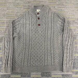 LL Bean Knit Sweater Mens Large Cable Knit Fisherman Cotton Gray Buttons 294045